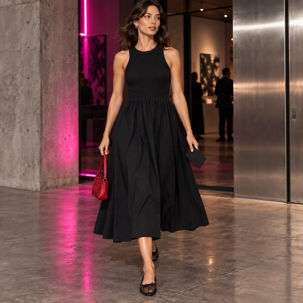 Madewell Melody Dress WMNS XXS Black Smocked Midi Sleeveless Minimalist Romantic